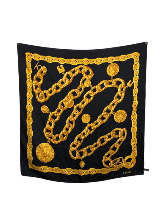 CELINE Chain Motif Scarf Silk Black×Yellow Vintage 3djdj4