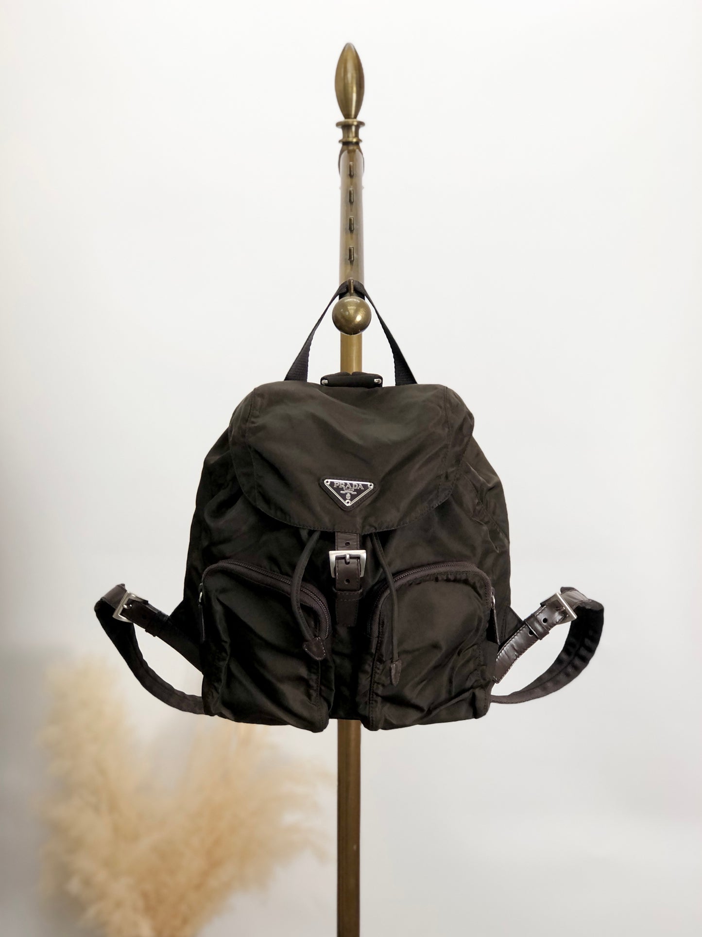 PRADA Triangle Logo Double Pocket Backpack Brown Vintage 65znig