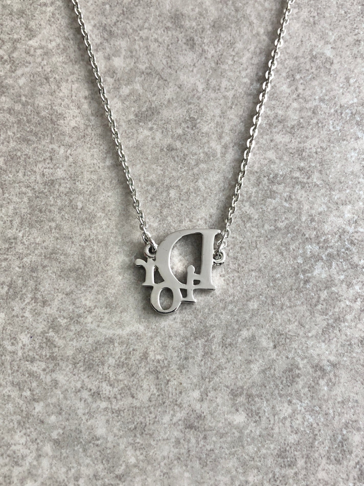 Christian Dior Logo Motif Rhinestone Necklace Silver Vintage zemmc7