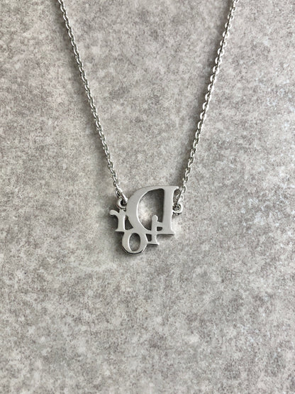 Christian Dior Logo Motif Rhinestone Necklace Silver Vintage zemmc7