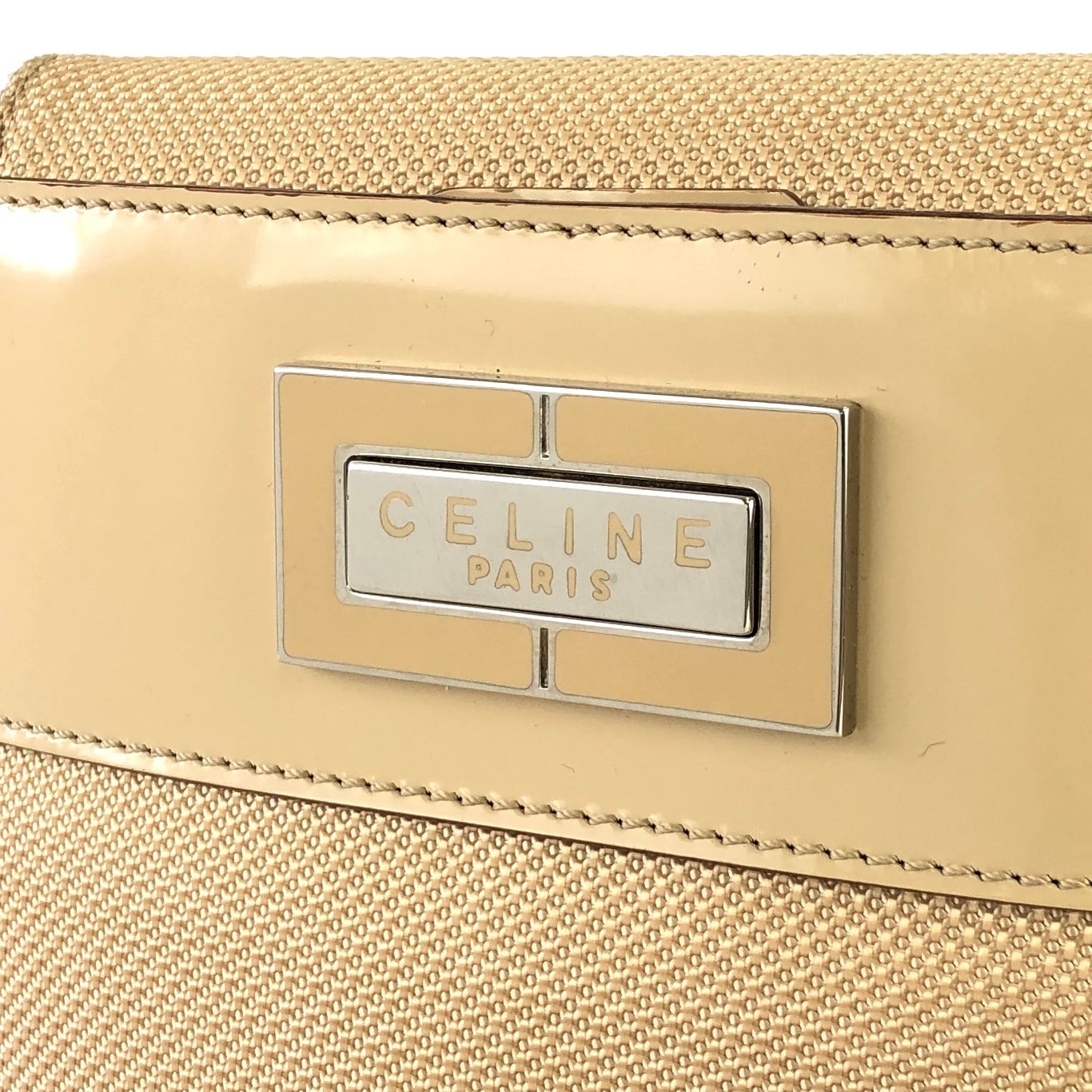 CELINE Plate Logo Nylon Enamel Mini Bag Pochette Shoulder Bag Beige Vintage Old Celine 27b7s8