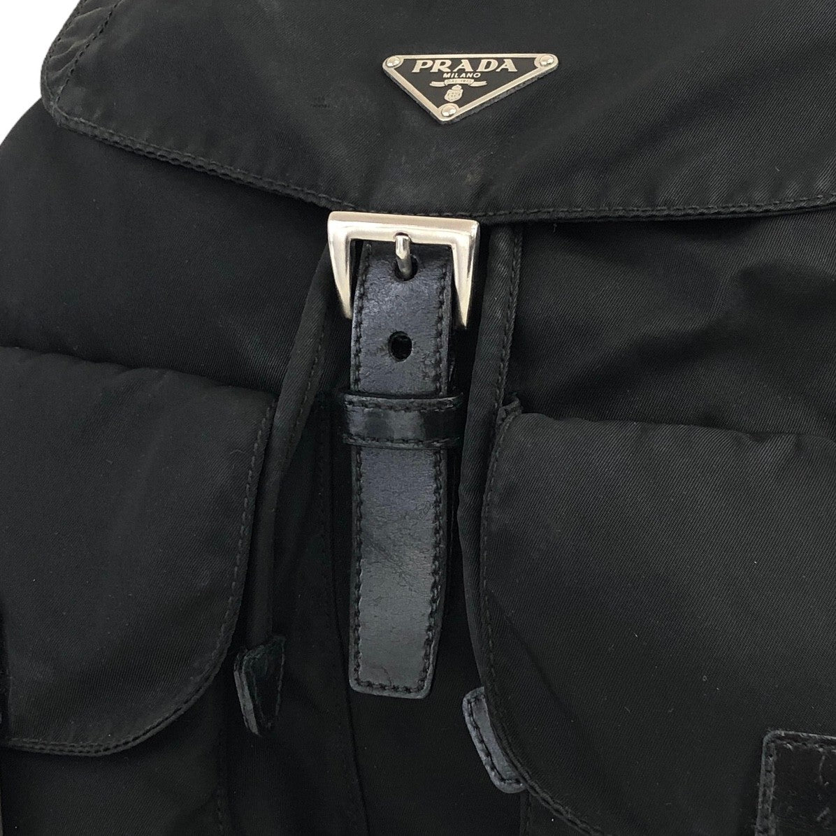 PRADA Triangle Logo Double Pocket Nylon Backpack Black Vintage b8jckr