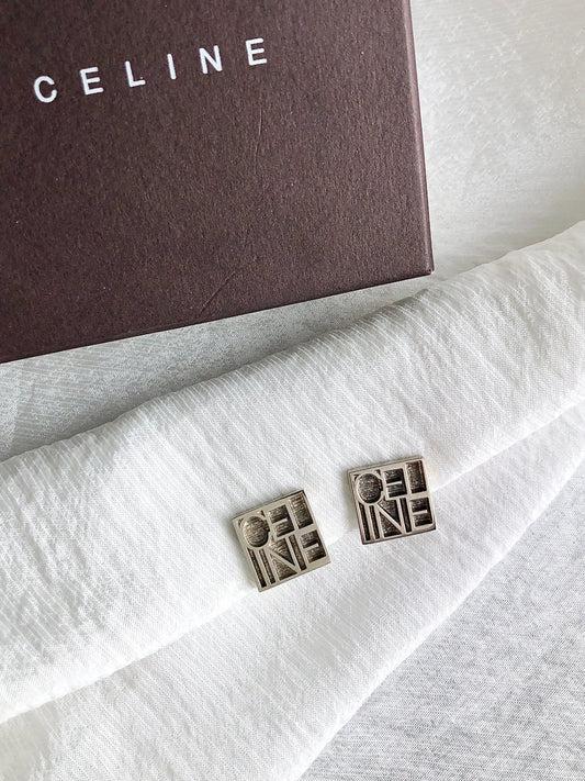 CELINE Logo Motif Earrings Silver Vintage iudp3b