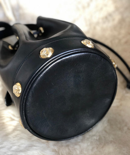 Salvatore Ferragamo 高跟鞋圖案鉚釘抽繩單肩包黑色復古舊款 updwpp