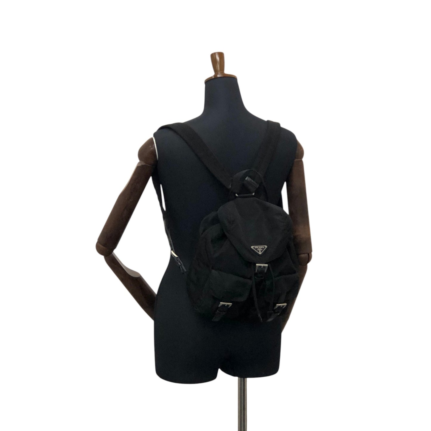 PRADA Tessuto Triangle Logo Double Pocket Backpack Black Vintage vjpnrf