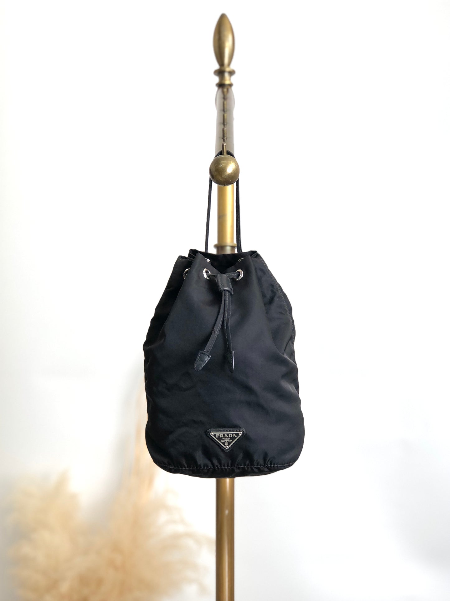 PRADA Tessuto Triangle Logo Drawstring Small Handbag Black Vintage 8t7zbv