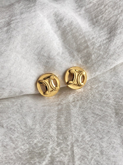 CELINE Blason Earrings Gold Vintage wi7hxx