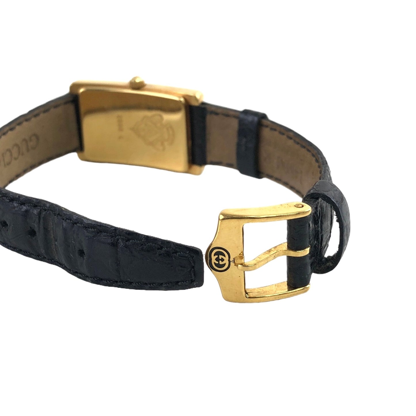 GUCCI Crocodile Embossed Leather Watch Black×Gold Vintage 3m6mys