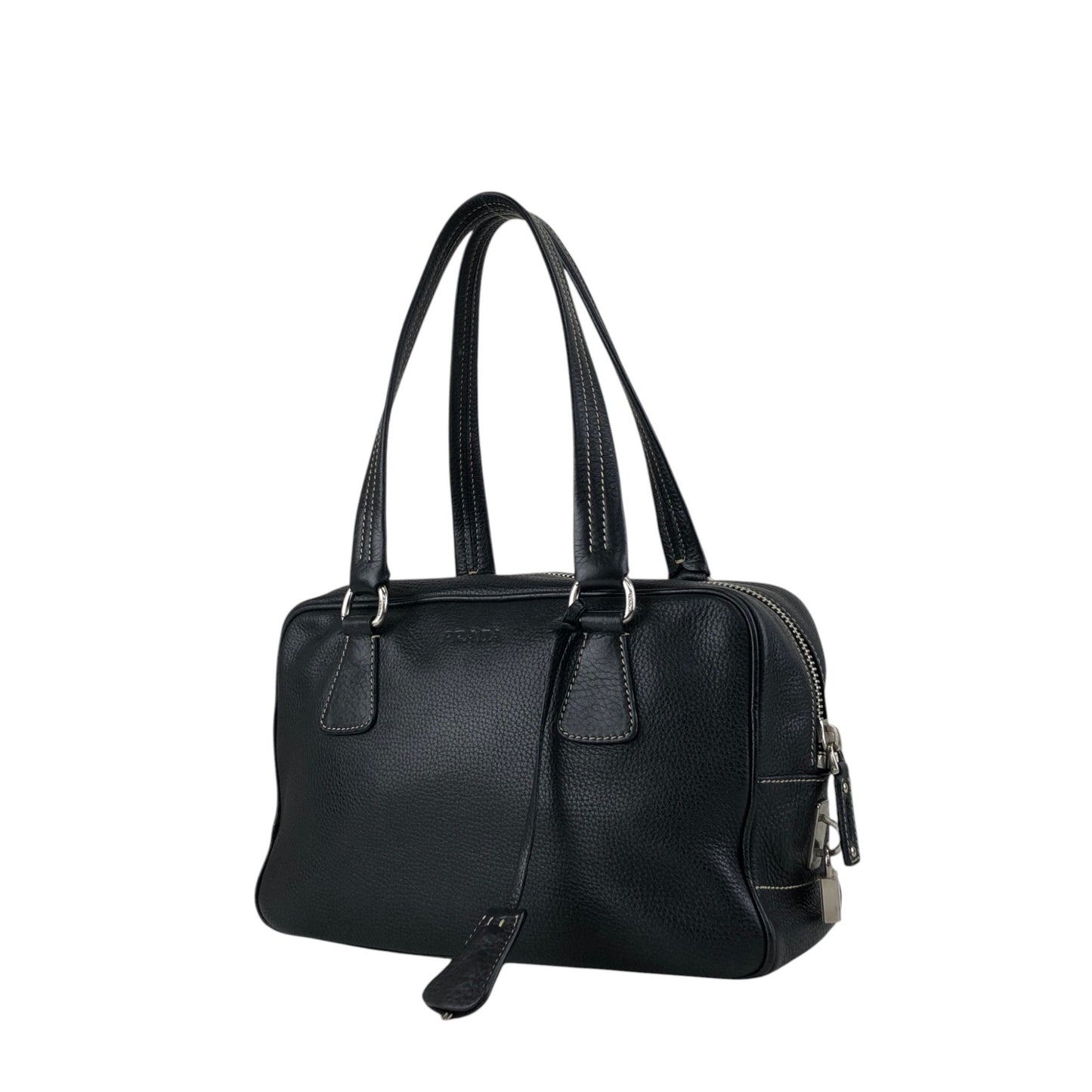 PRADA Logo Embossed Small Boston bag Handbag Black Vintage wuztbm