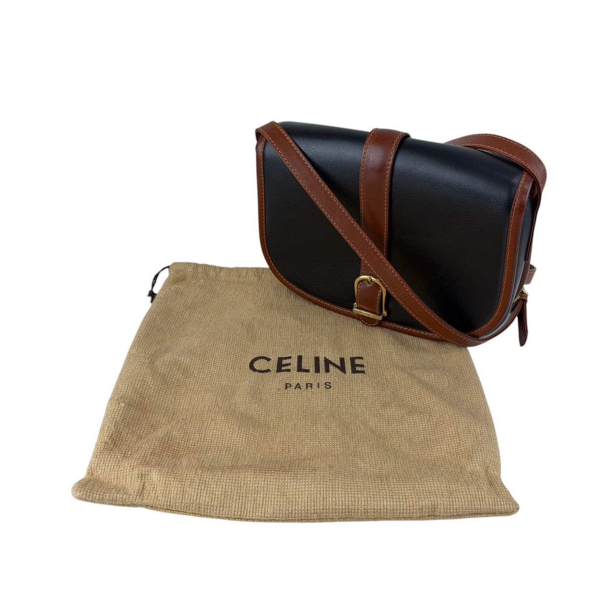 CELINE Front Buckle Shoulder bag Black×Brown Vintage 8seizv