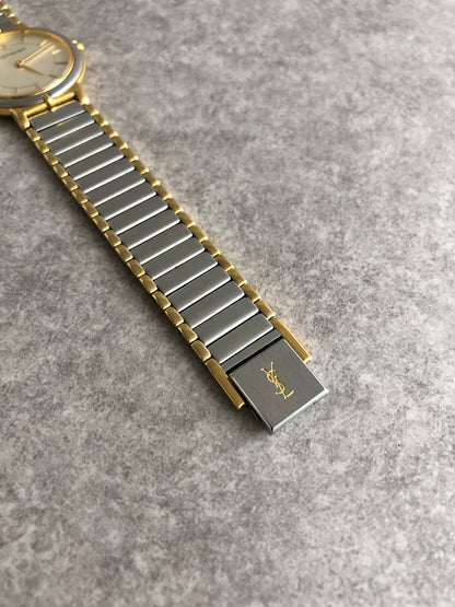 Yves Saint Laurent YSL Logo Quartz Watch Silver×Gold 2823-268440 Vintage 43tt8e