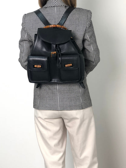 GUCCI Bamboo Front Buckle Backpack Black Vintage i34ihz