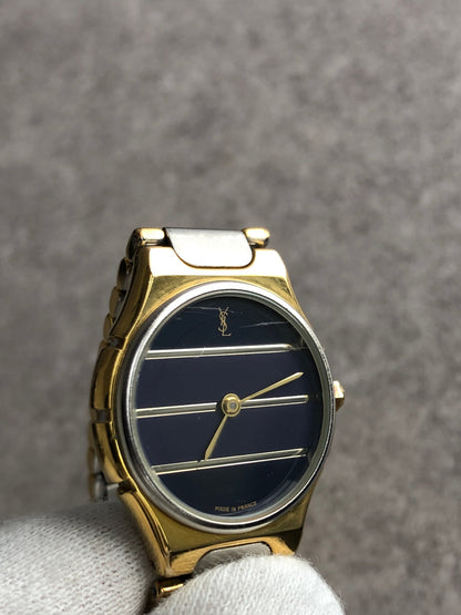 Yves Saint Laurent YSL Logo Watch Silver×Black Vintage as4e87