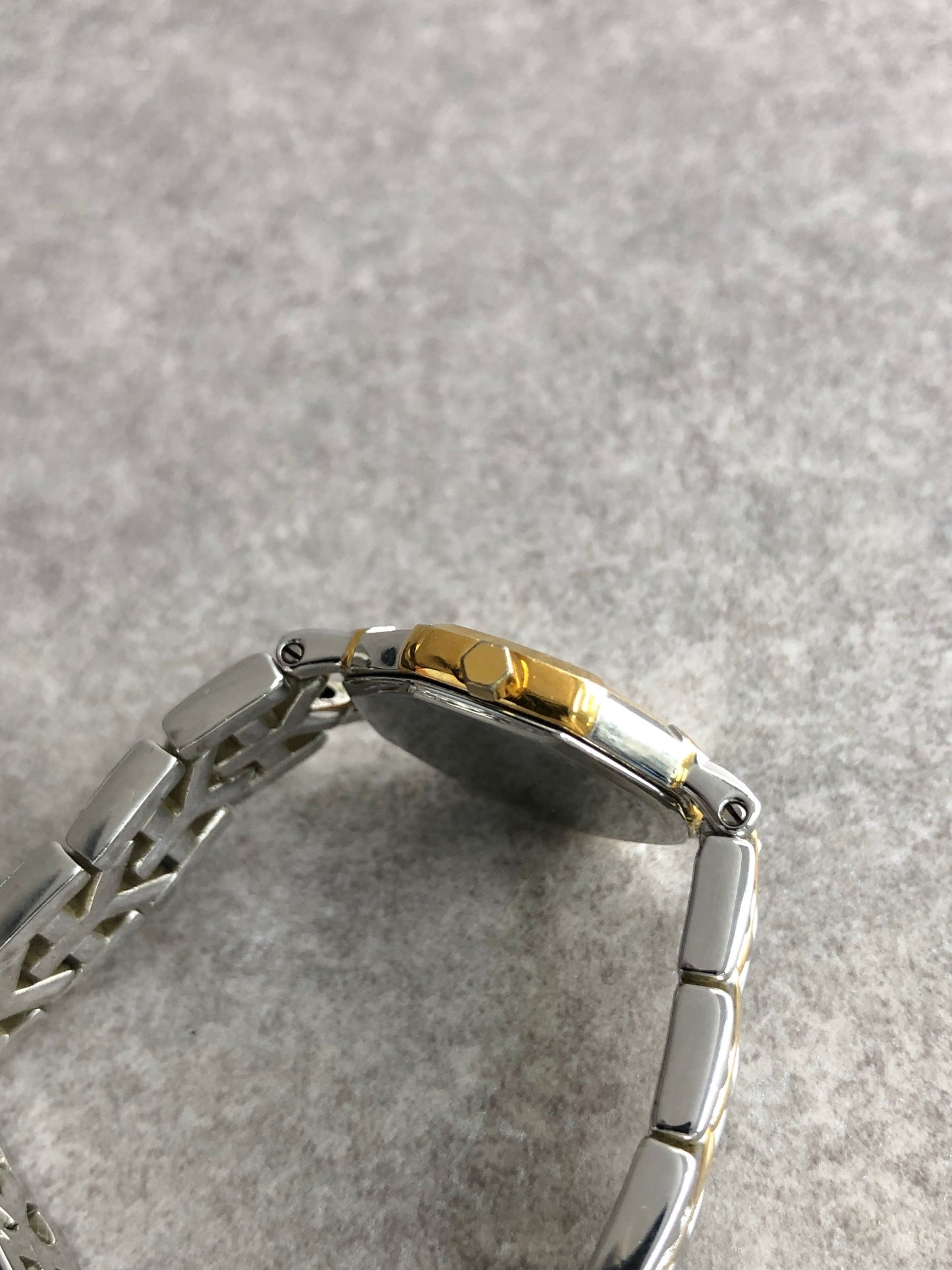 Yves Saint Laurent YSL Logo Octagon Quartz Watch Silver×Gold 2200-226313 Vintage famare