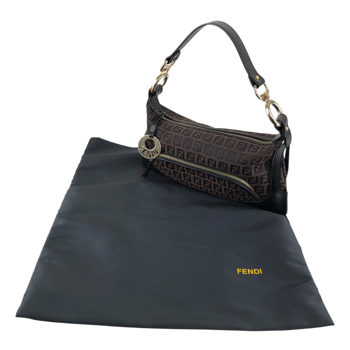 FENDI Zucchino Logo Charm Handbag Hobobag Brown Vintage fhfygp