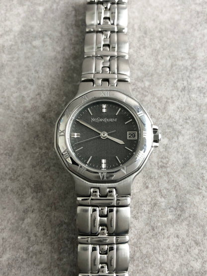 Yves Saint Laurent Logo Quartz Watch Silver×Black 9616-H18636 Vintage gzdk85