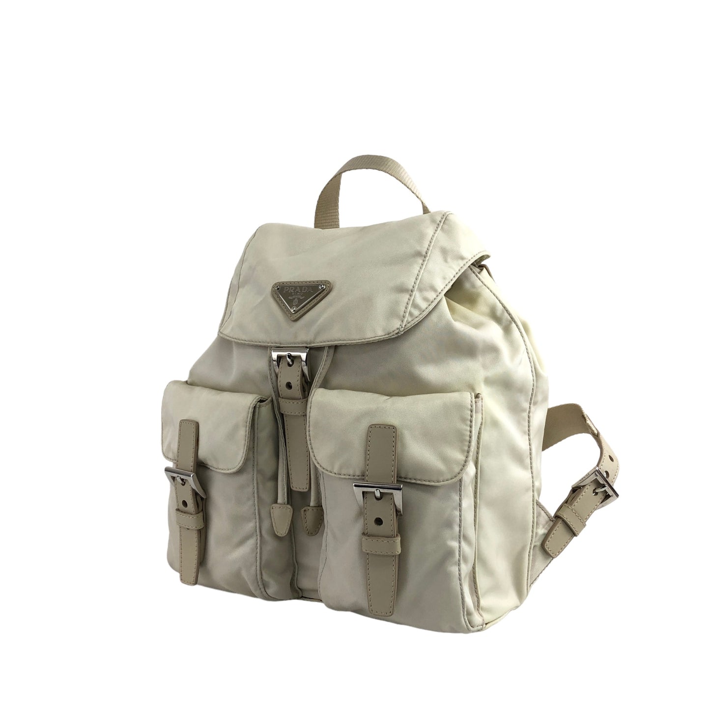 PRADA Triangle Logo Double Pocket Nylon Backpack Ivory Vintage heratz