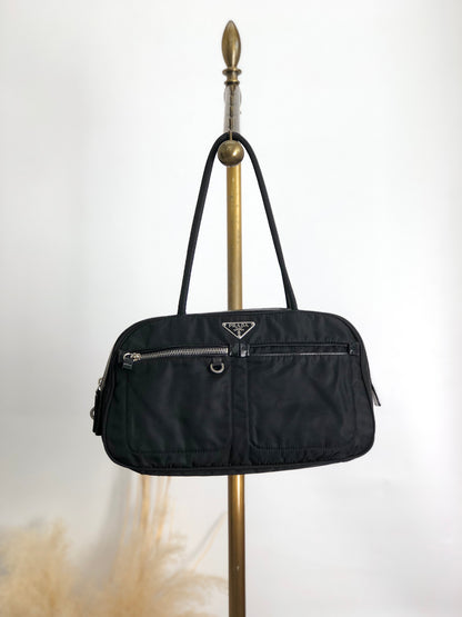 PRADA 三角形標誌前口袋小號波士頓包手提包黑色復古 k2g4ss
