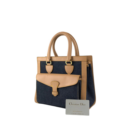 Christian Dior Logo Canvas Handbag Beige×Blue Vintage fwaghn