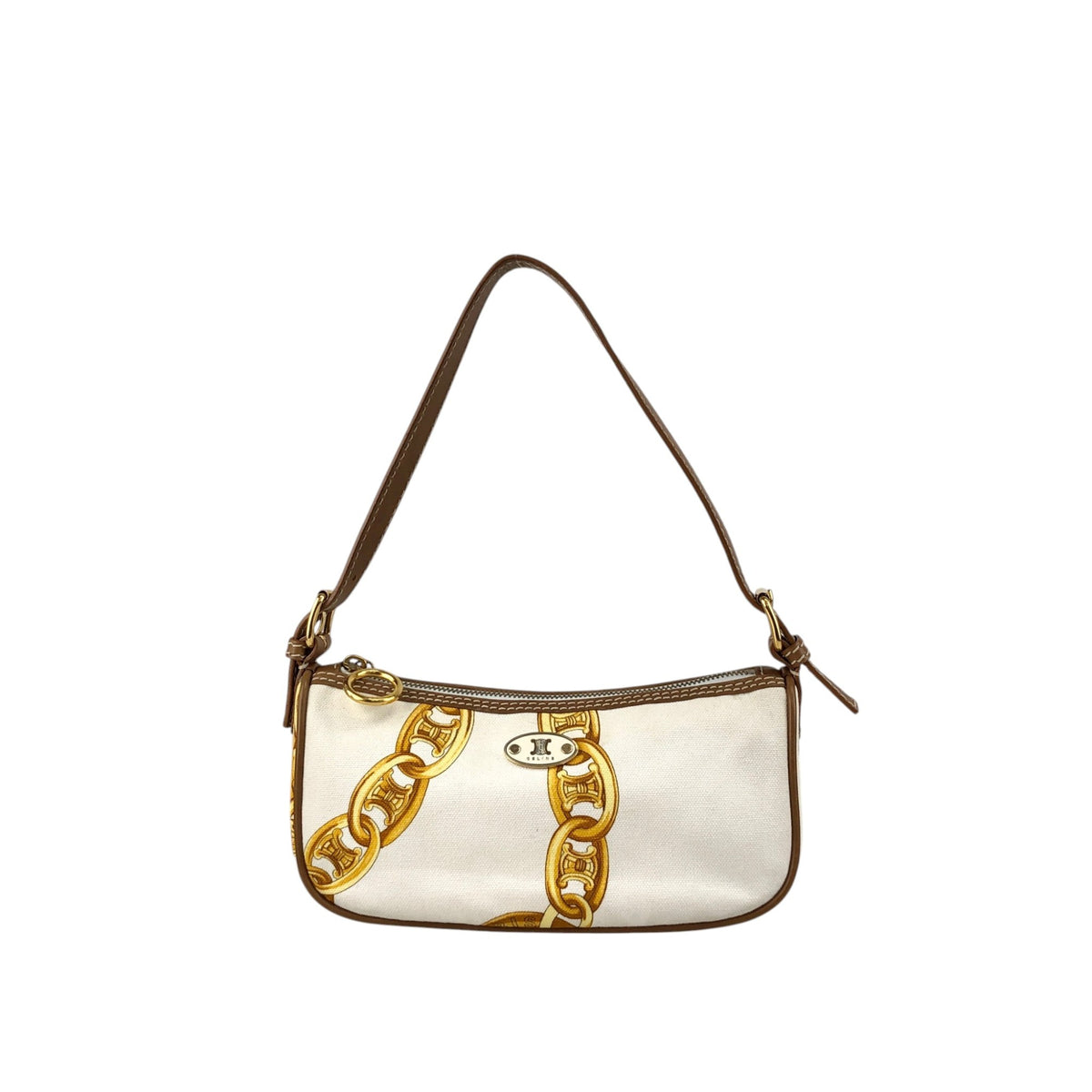 CELINE Blason Canvas Leather Handbag White Vintage vzzbsd
