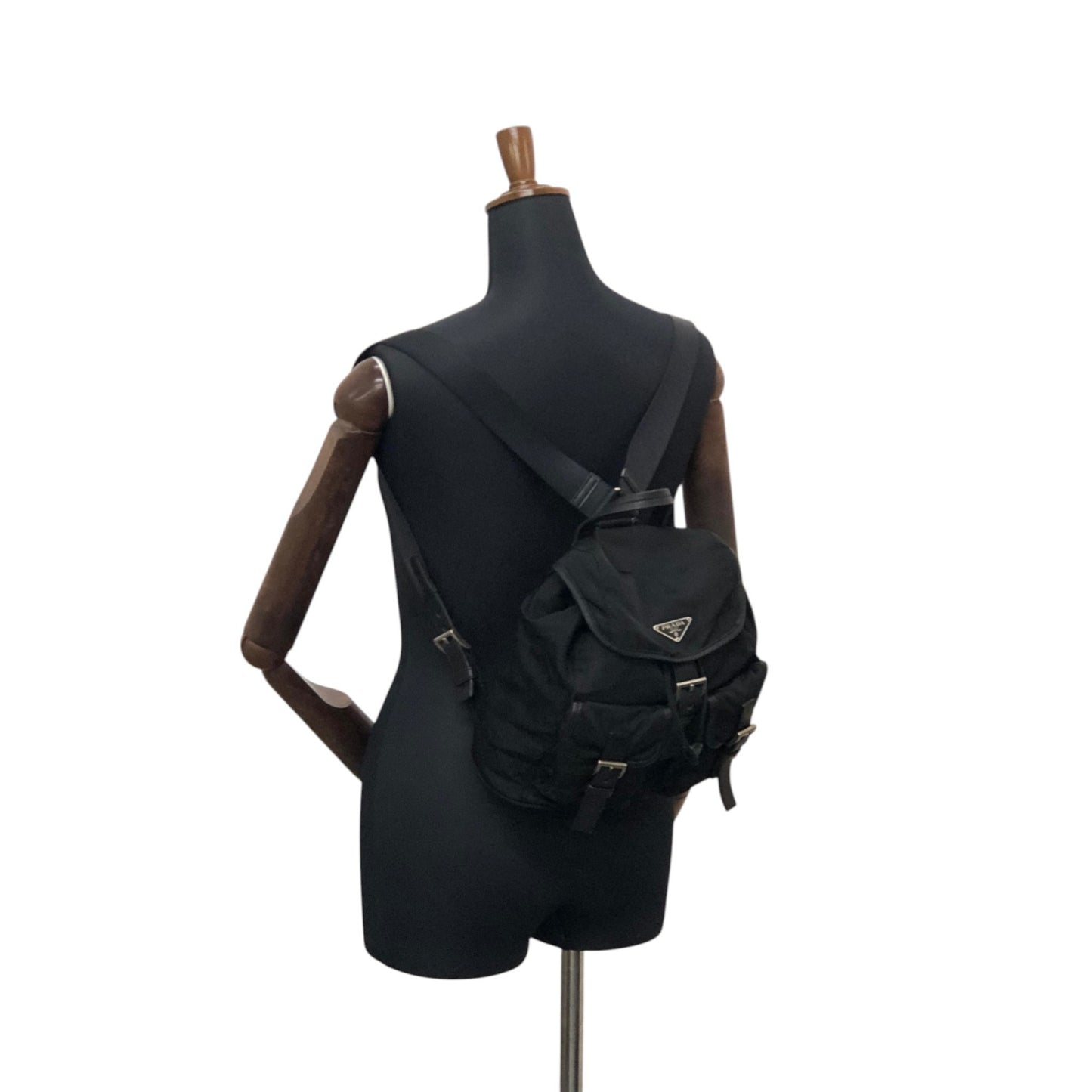 PRADA Tessuto Triangle Logo Double Pocket Backpack Black Vintage xgxrpz