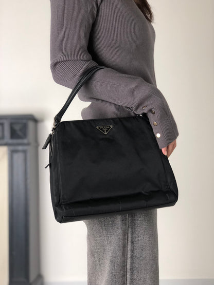PRADA Tessuto Triangle Logo Handbag Black Vintage zzietj