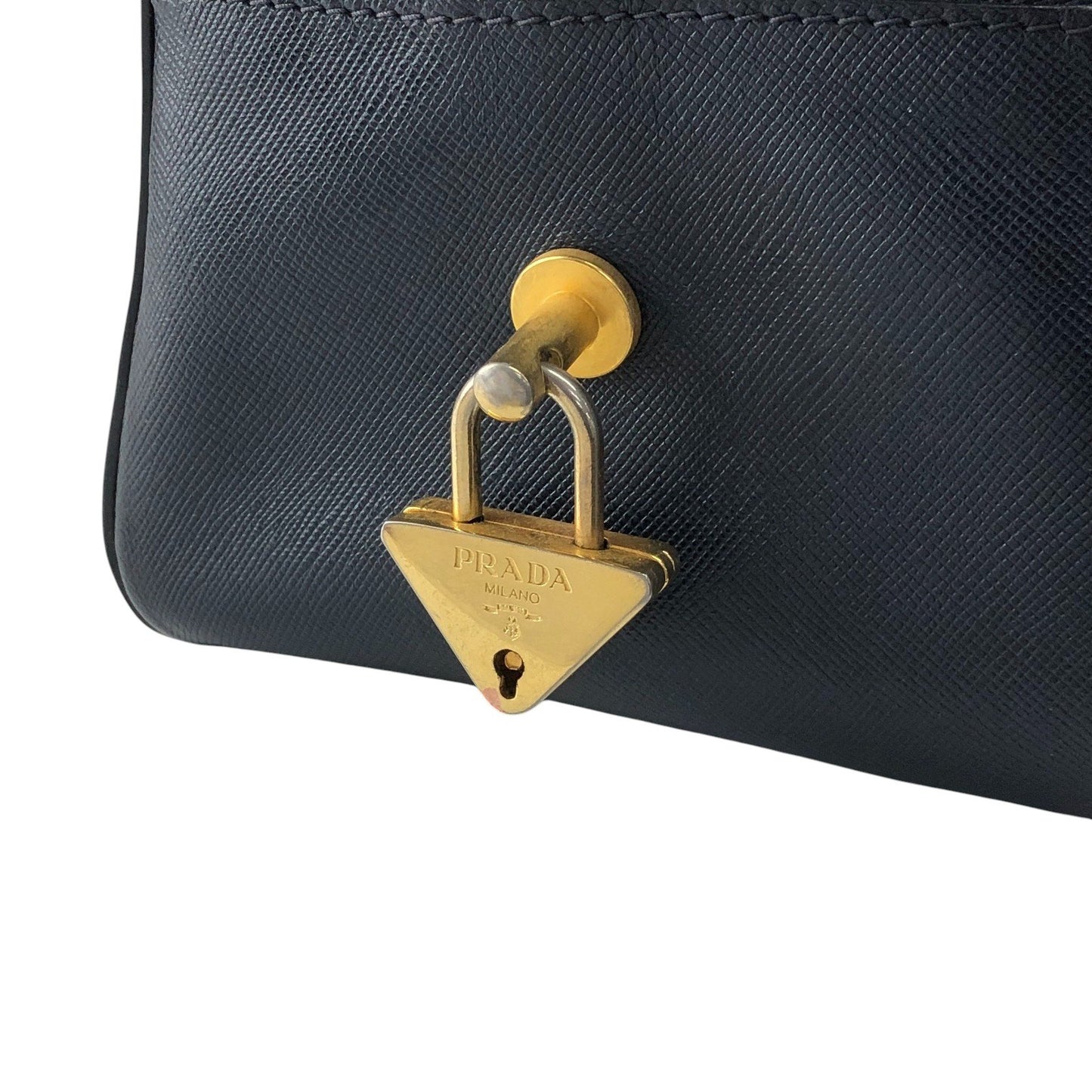 PRADA Logo Embossed Padlock Handbag Navy Vintage w43cew
