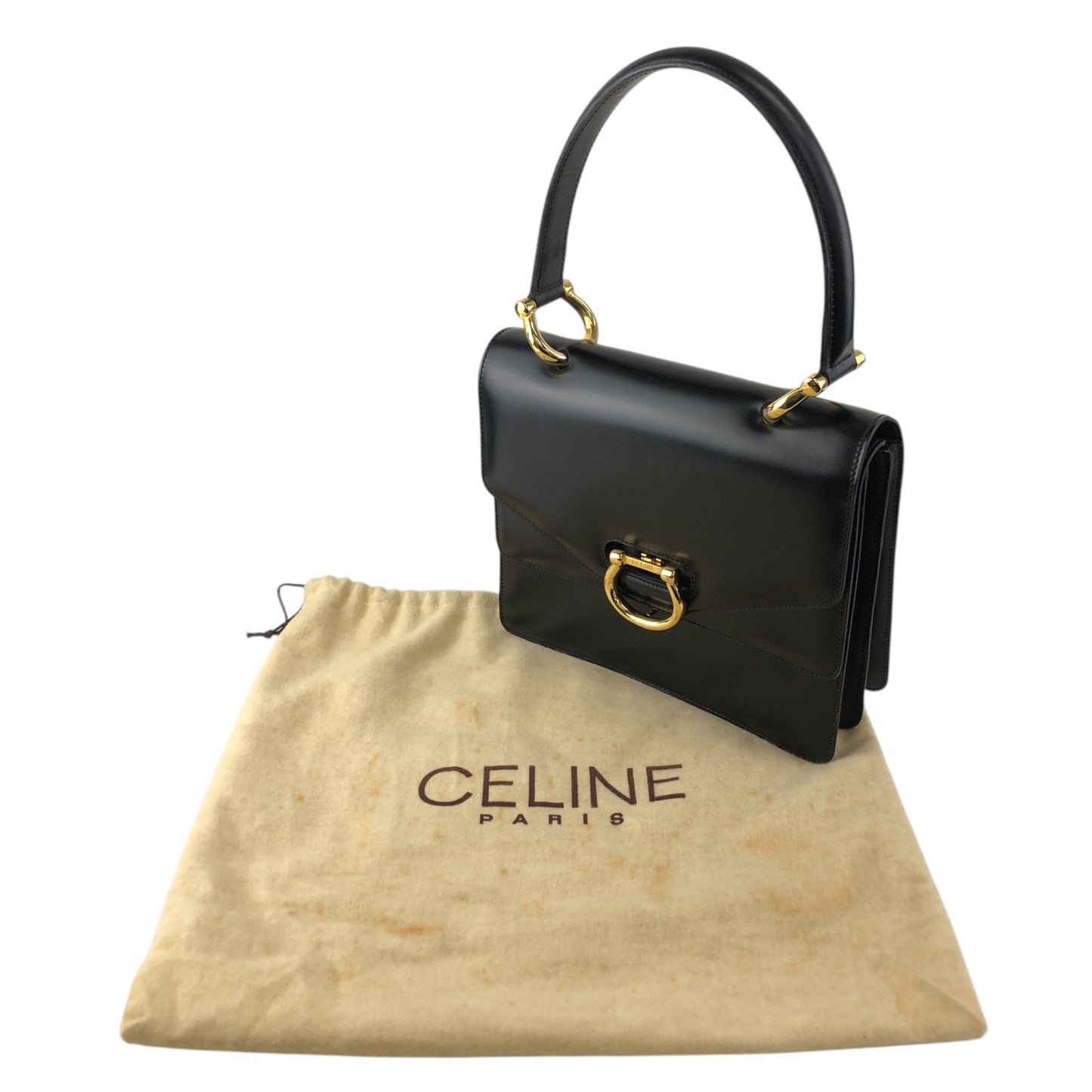 CELINE Horse Bit Double Flap Handbag Black Vintage hu6ksh