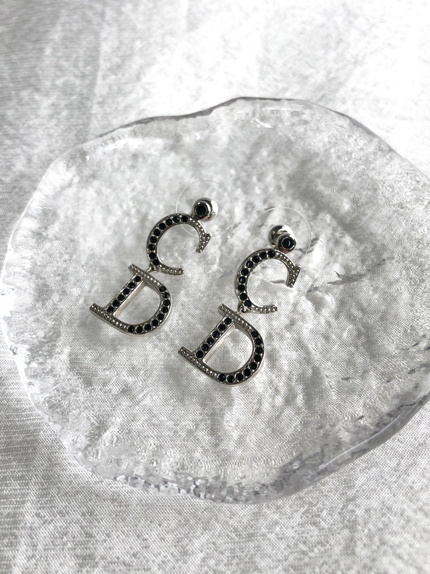 Christian Dior CD Logo Rhinestone Pierced Silver×Black Vintage 3yzthp