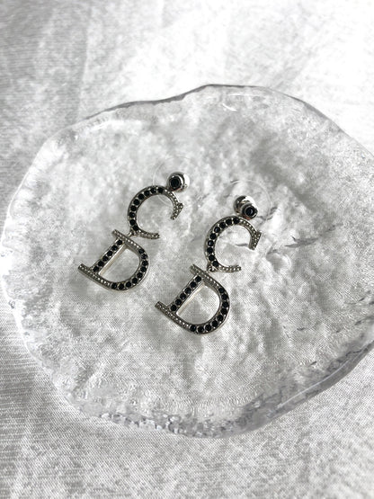 Christian Dior CD Logo Rhinestone Pierced Silver×Black Vintage 3yzthp