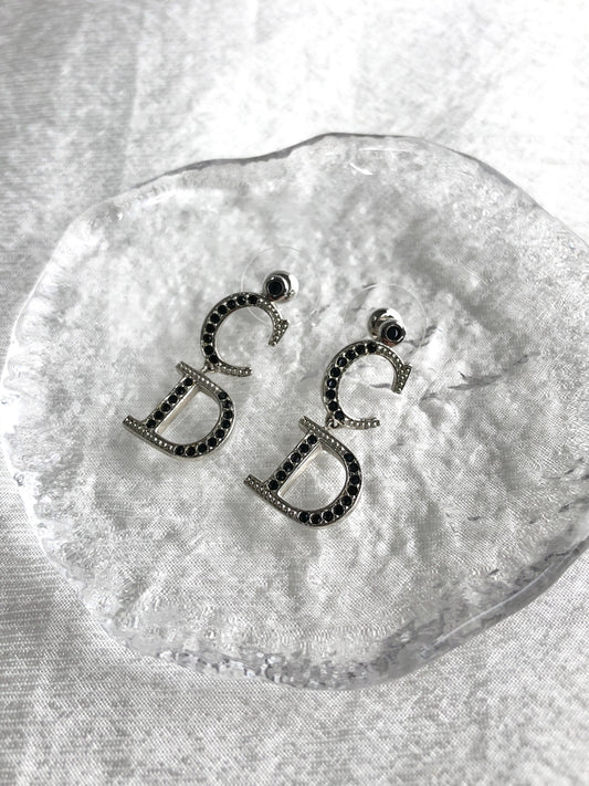 Christian Dior CD Logo Rhinestone Pierced Silver×Black Vintage 3yzthp