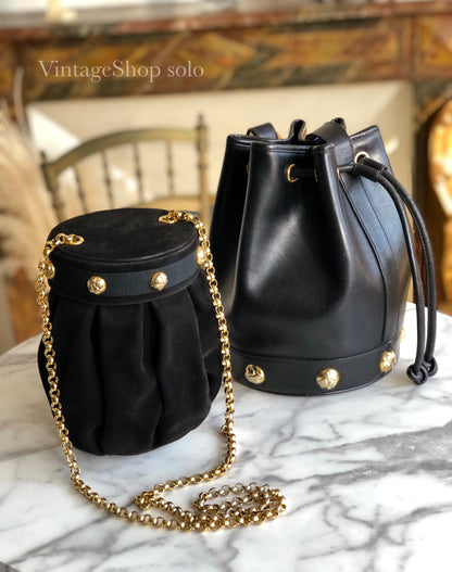 Salvatore Ferragamo 高跟鞋圖案鉚釘抽繩單肩包黑色復古舊款 updwpp