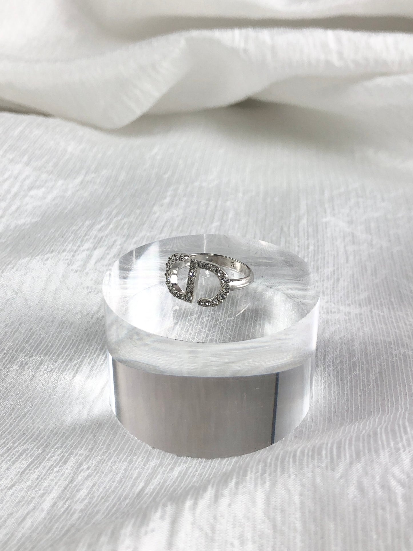 Christian Dior CD Logo Motif Rhinestone Ring Silver PETIT CD Vintage di6pz4