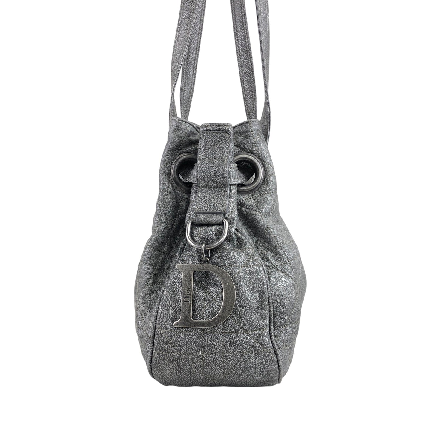 Christian Dior Cannage Charm Drawstring Shoulder bag Silver Vintage 5auuyc