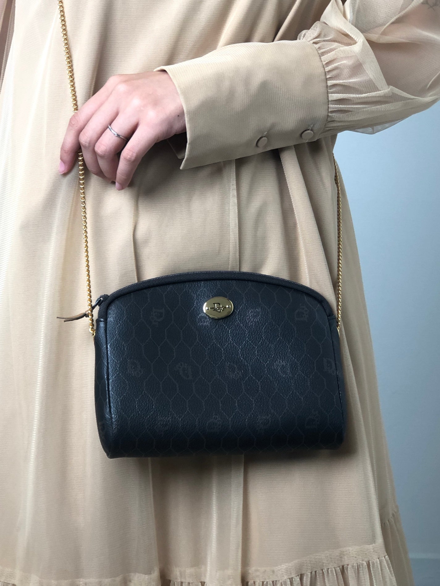 Christian Dior Honeycomb Pattern Chain Shoulder bag Black Vintage 3mnhcy
