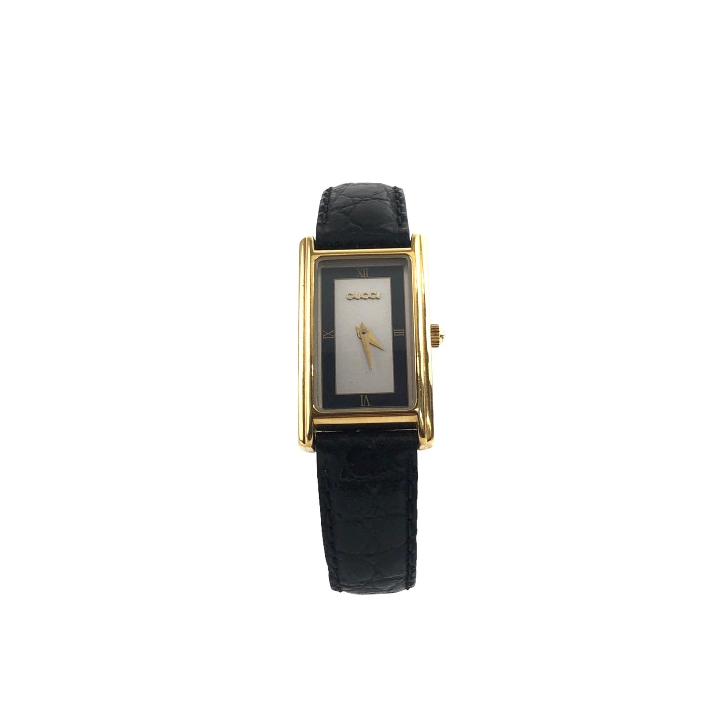 GUCCI Crocodile Embossed Leather Watch Black×Gold Vintage 3m6mys