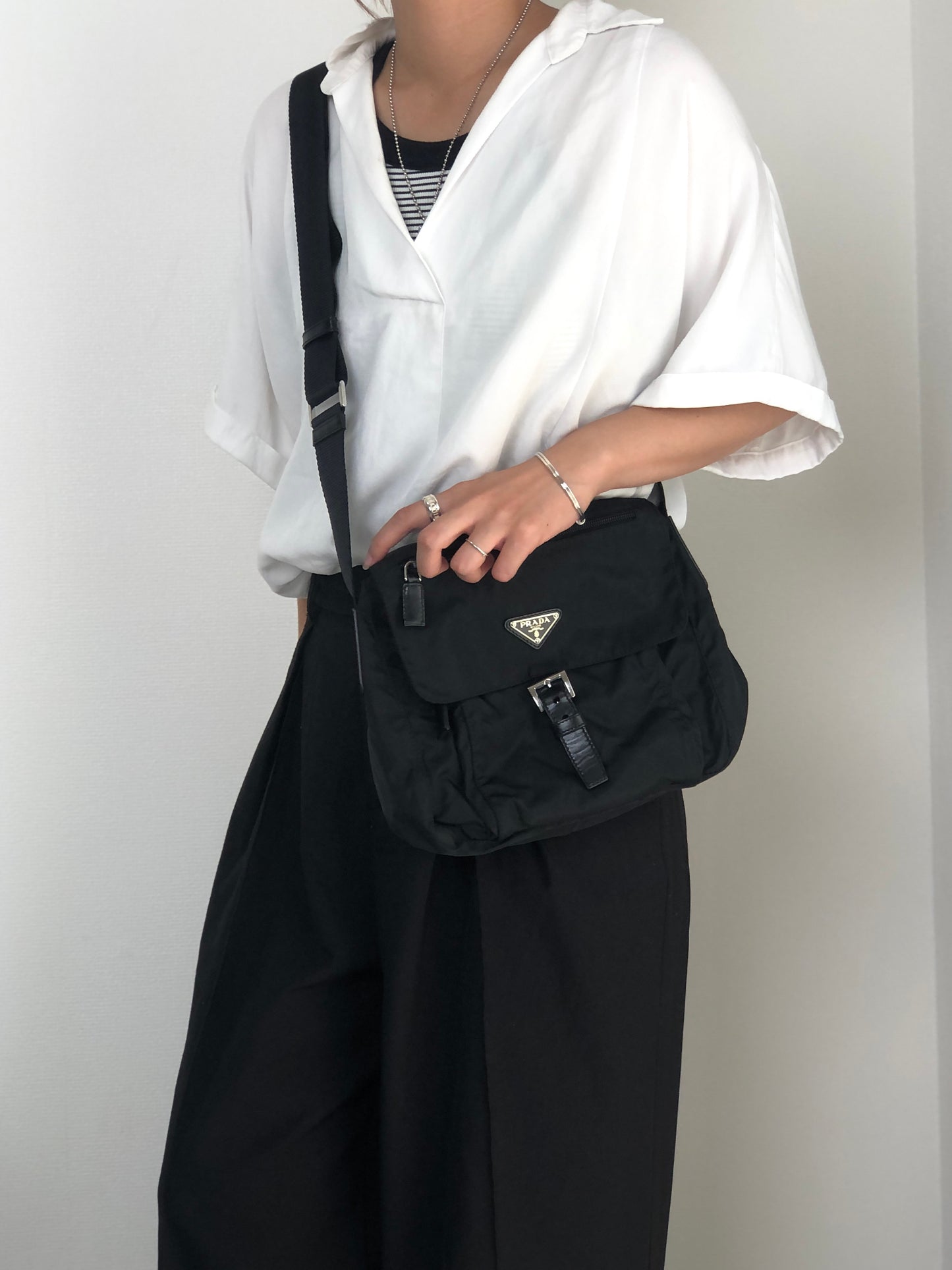 PRADA Tessuto Triangle Logo Front Buckle Shoulder bag Black Vintage 6dj6hu