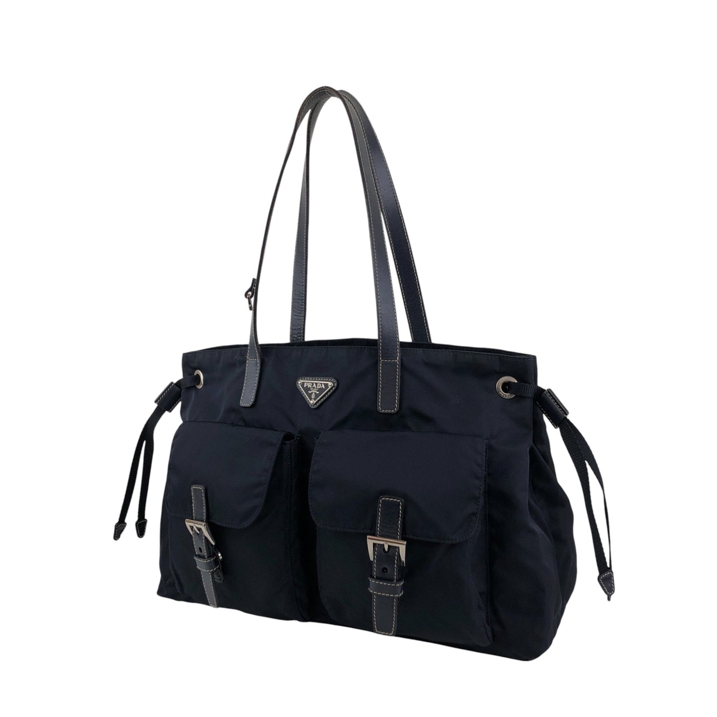 PRADA Tessuto Triangle Logo Double Pocket Totebag Navy Vintage 8ka5ea