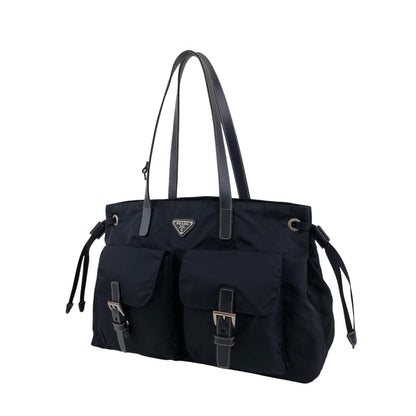 PRADA Tessuto Triangle Logo Double Pocket Totebag Navy Vintage 8ka5ea