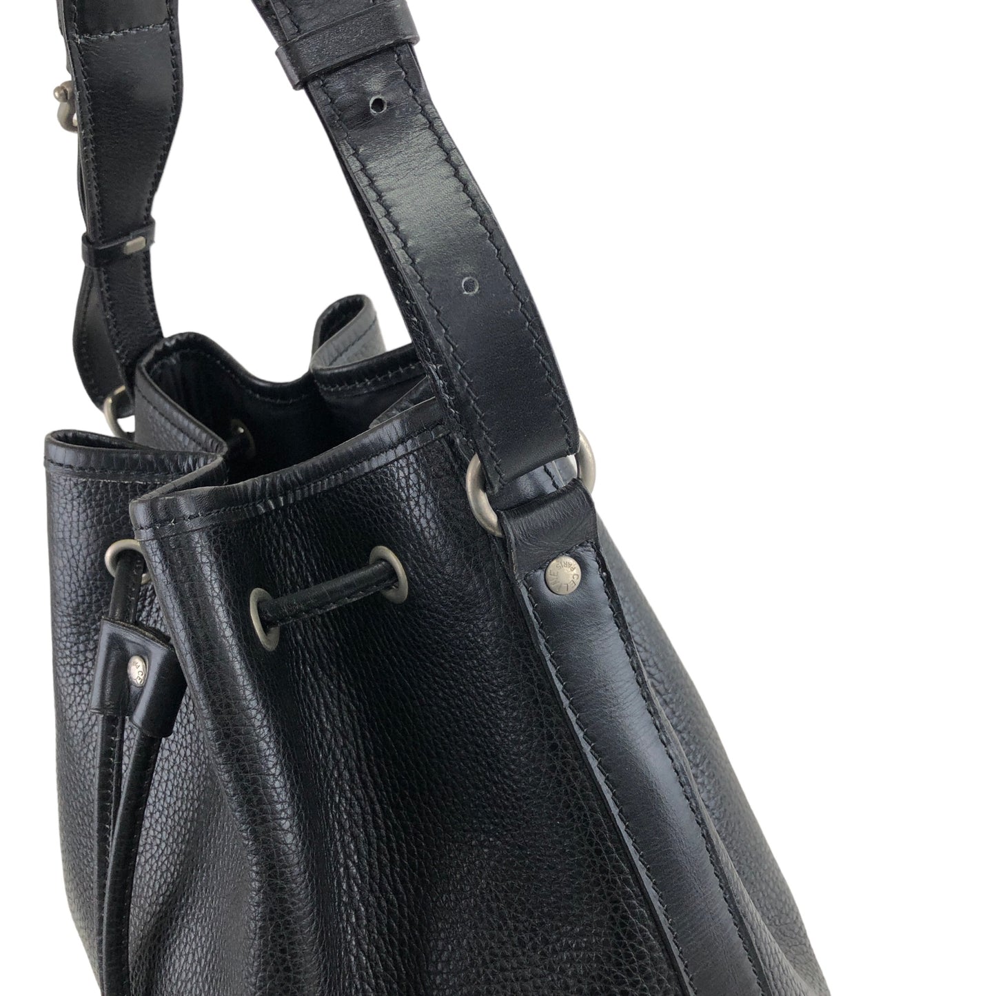 CELINE Blason Leather Drawstring Shoulder bag Black Vintage c4br2y