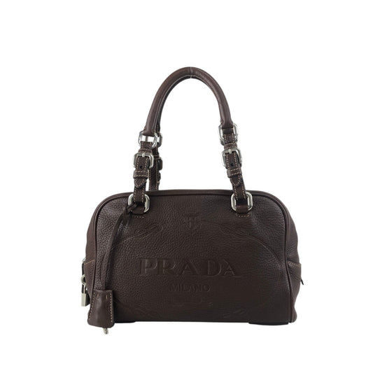 PRADA Logo Embossed Handbag Boston bag Brown Vintage pn7xkf