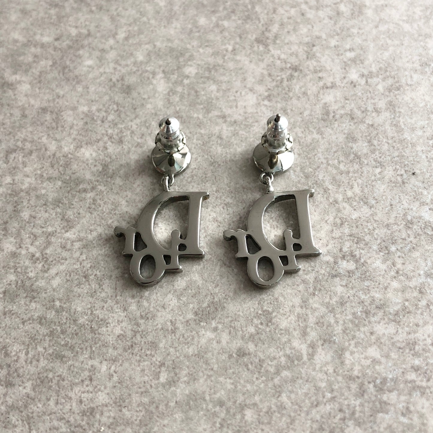 Christian Dior Logo Motif Rhinestone Pierced Silver Vintage 5rebys