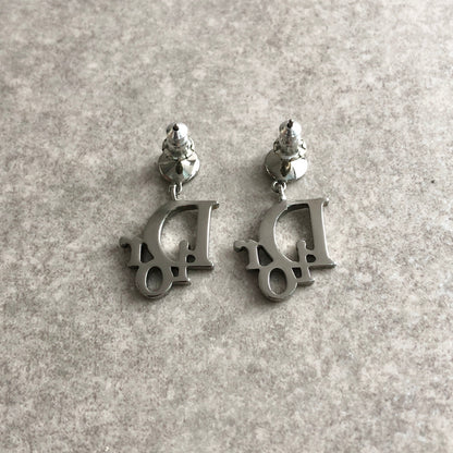 Christian Dior Logo Motif Rhinestone Pierced Silver Vintage 5rebys