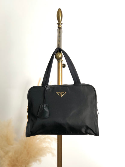 PRADA Tessuto Triangle Logo Padlock Handbag Black Vintage z2waww