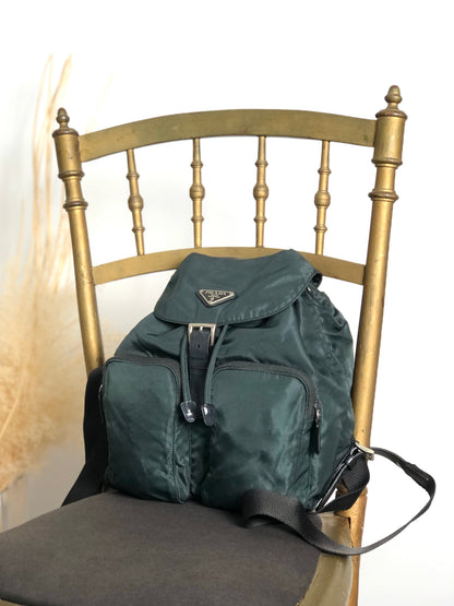 PRADA Tessuto Triangle Logo Double Pocket Backpack Green Vintage 43hn3u