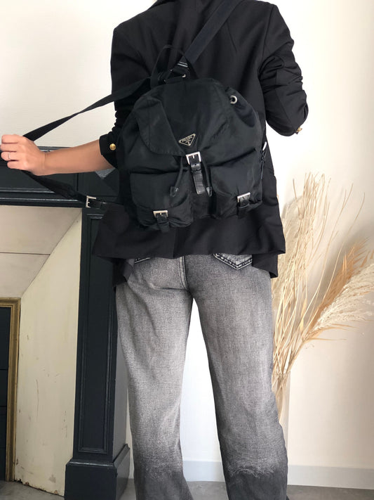 PRADA Tessuto Triangle Logo Double Pocket  Backpack Black Vintage 3pvjac