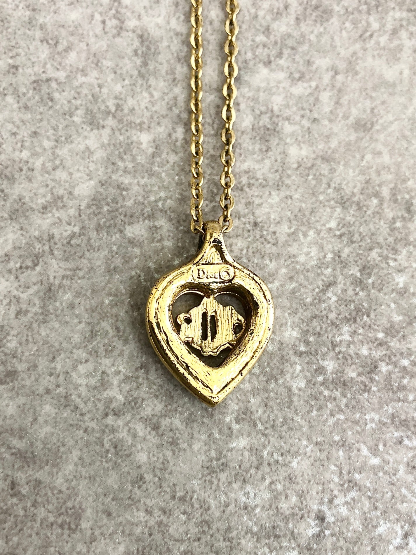 Christian Dior Logo Heart Motif Rhinestone Necklace Gold Vintage hm6ntz