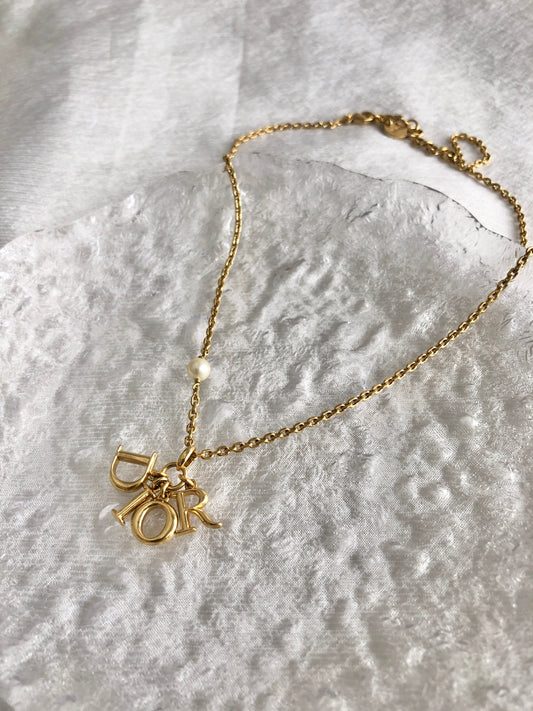 Christian Dior Logo Motif Necklace Gold Vintage iz24ex