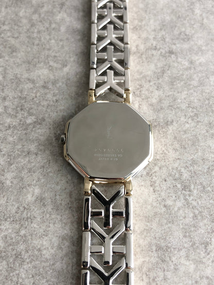 Yves Saint Laurent YSL Logo Octagon Quartz Watch Silver×Gold 4620-E62143 Vintage 4kdjvm
