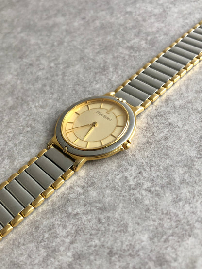 Yves Saint Laurent YSL Logo Quartz Watch Silver×Gold 4620-E62267Y Vintage ehmzr7